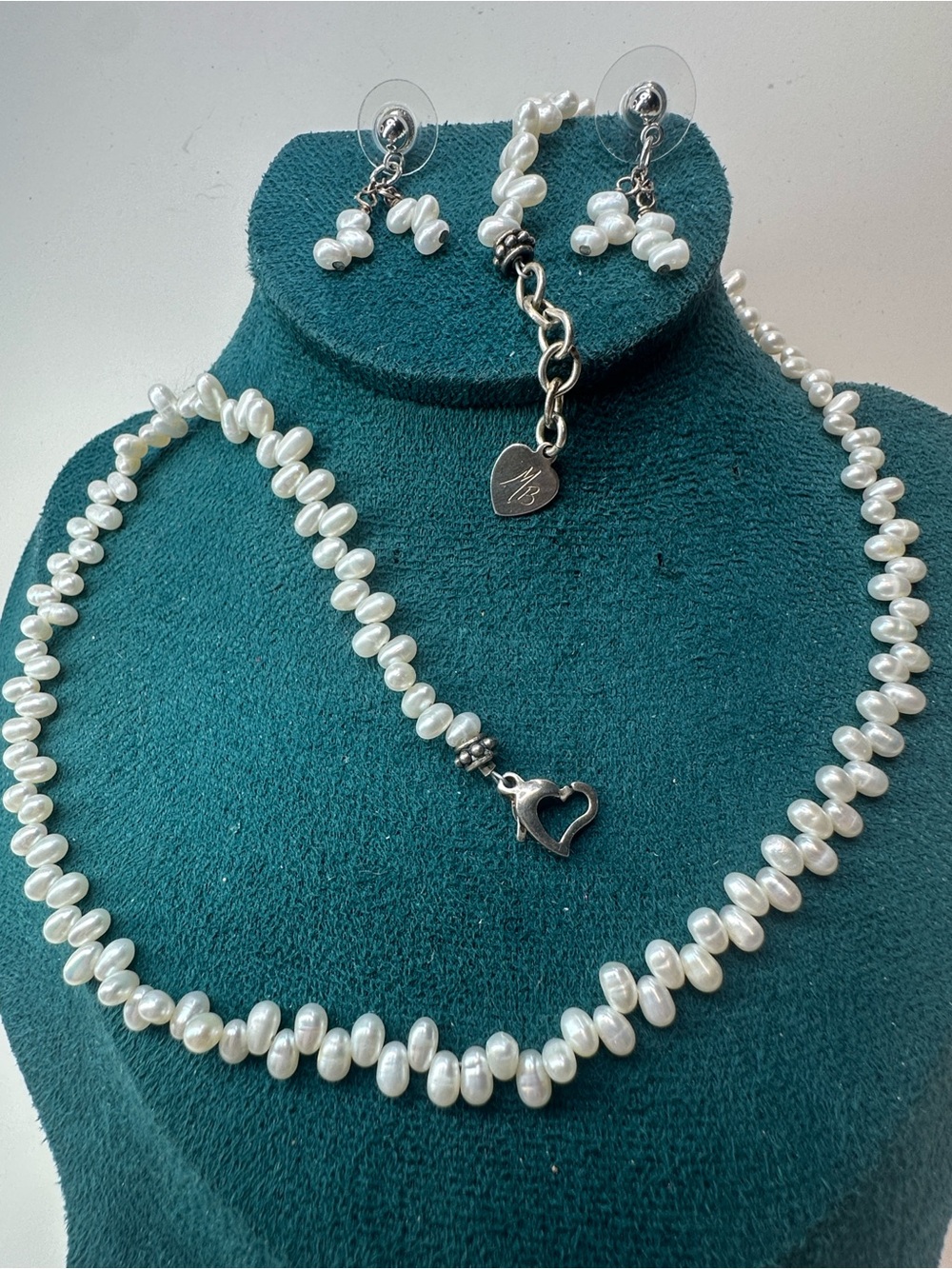 Genuine Pearl Necklace Earrings Set Sterling Silver 925 Signed MB Jewelry Design - Picture 8 of 15